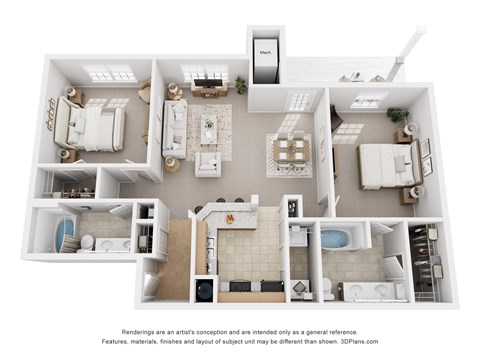 Floor plan for 2 beds, 2 baths, 1111 sqft